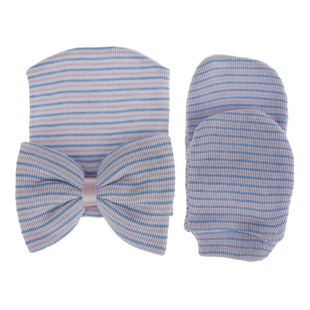 Pack of Baby Bluish Purple Striped Hat + Mittens Pair Set (0-6 Months)
