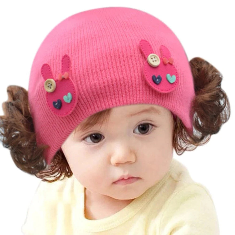 Pack of 2(without wig) Baby Boy/Girl Winter Knitted Rose Pink Red Hat for 6M to 5 Year old