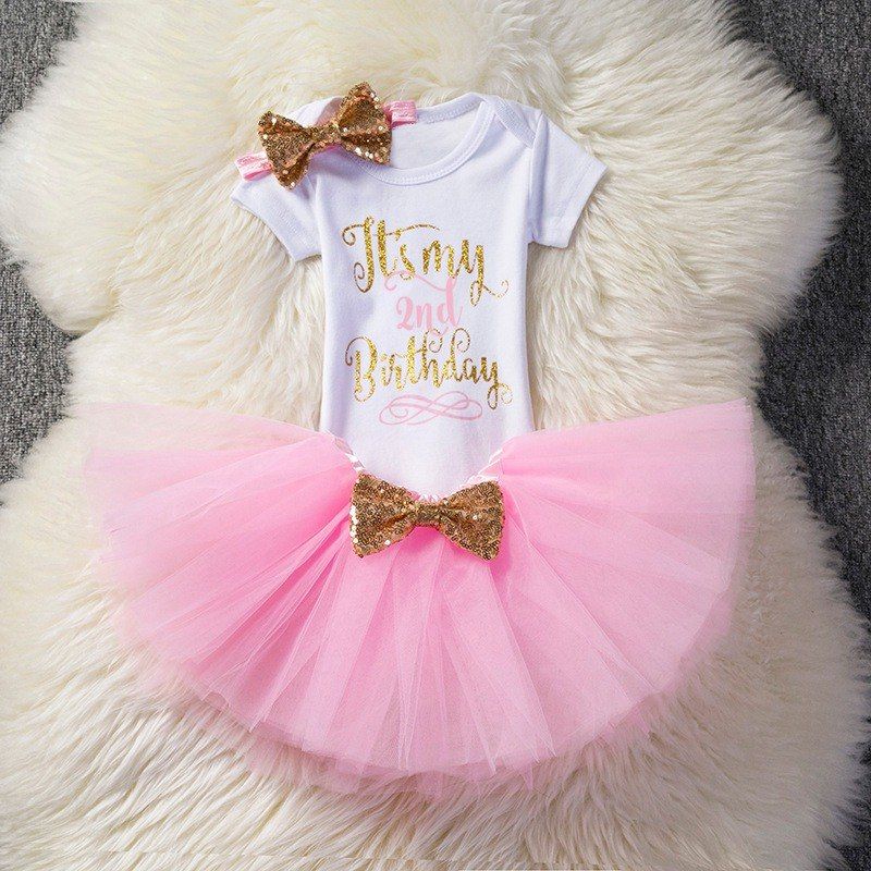 3-Piece Second Birthday Bodysuit Pink Skirt Bow Headband Set
