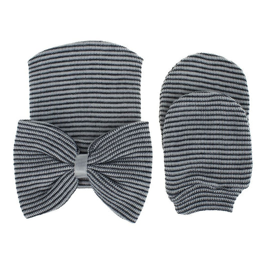 Pack of Baby Striped Black Hat + Mittens Pair Set (0-6 Months)