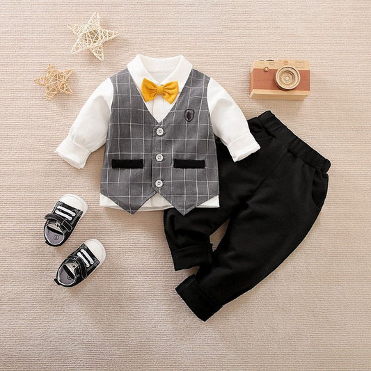 Baby Boy Gentleman 3-Piece Formal Grey Vest Coat Plaid Design Party Function Suit