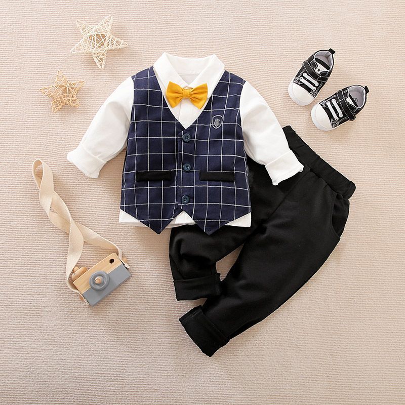 Baby Boy Gentleman 3-Piece Formal Blue Vest Coat Plaid Design Party Function Suit