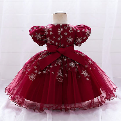 Baby Girls Embroidery Snow-Flake Knee Length Flower Partywear Red Frock