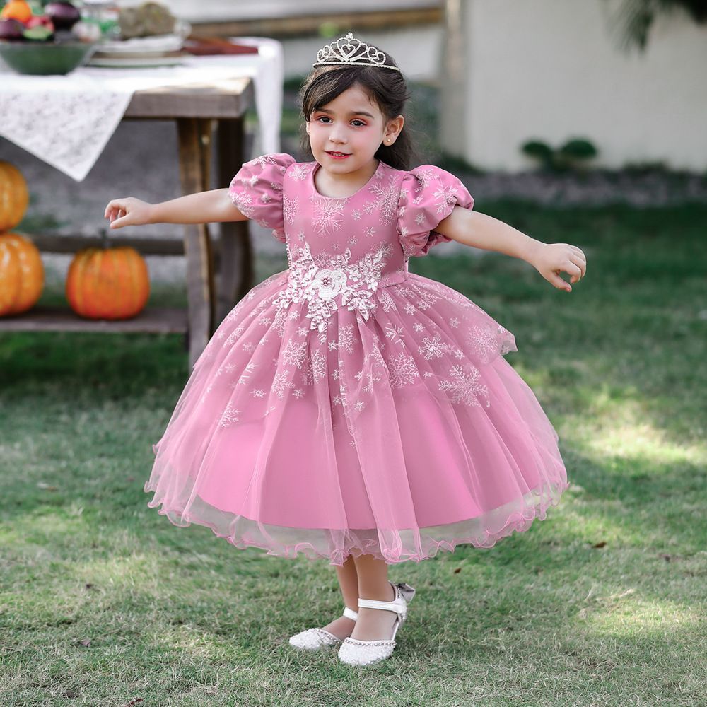 Baby Girls Embroidery Snow-Flake Knee Length Flower Partywear Pink Frock