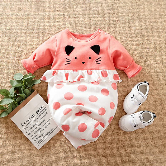 Baby Girl Ruffled Stylish Kitty Design Polka Dot Long Sleeve Jumpsuit