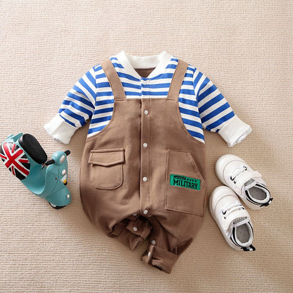 Baby Boy Stylish MODERN MILITARY Pocket Printed Striped Long-sleeve Faux-two Jumpsuit
