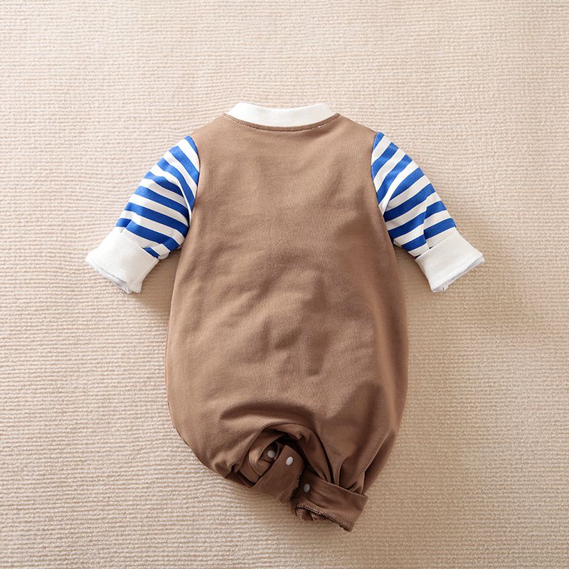 Baby Boy Stylish MODERN MILITARY Pocket Printed Striped Long-sleeve Faux-two Jumpsuit