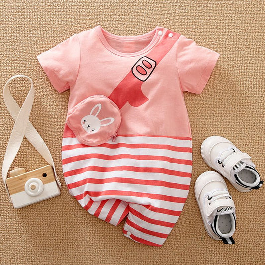 Baby Girl Attached Pouch Half Sleeve Pink Color Striped Romper