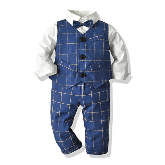Baby Boy 3 Piece Navy Blue Tuxedo Plaid Formal Dress