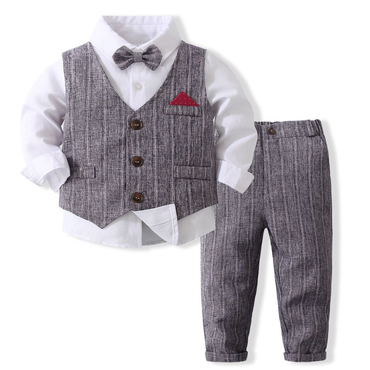 Gentleman Baby Boy Bow Tie Vest 3-Piece Grey Suit Set