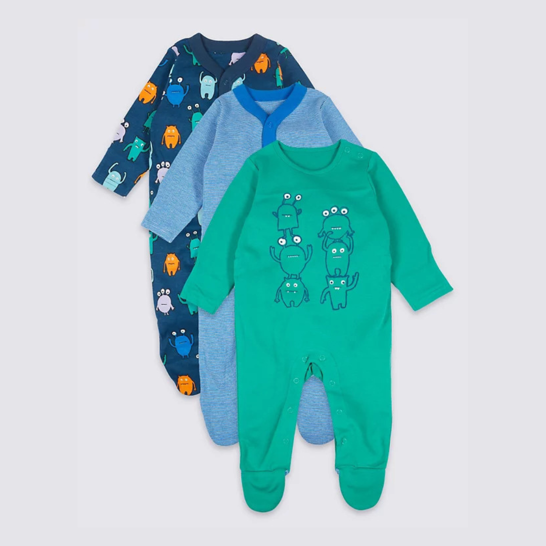 M&S Baby 3 Pack Monster Print Pure Cotton Sleepsuits