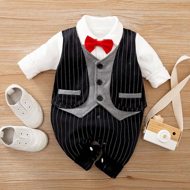 Stripped Pattern Long-sleeve Bow Tie Jumpsuit for Baby Boys