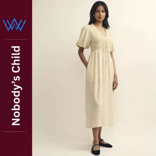 Nobody’s Child Cream Spot V Neck Shirred Bodice Leiza Midi Long Dress