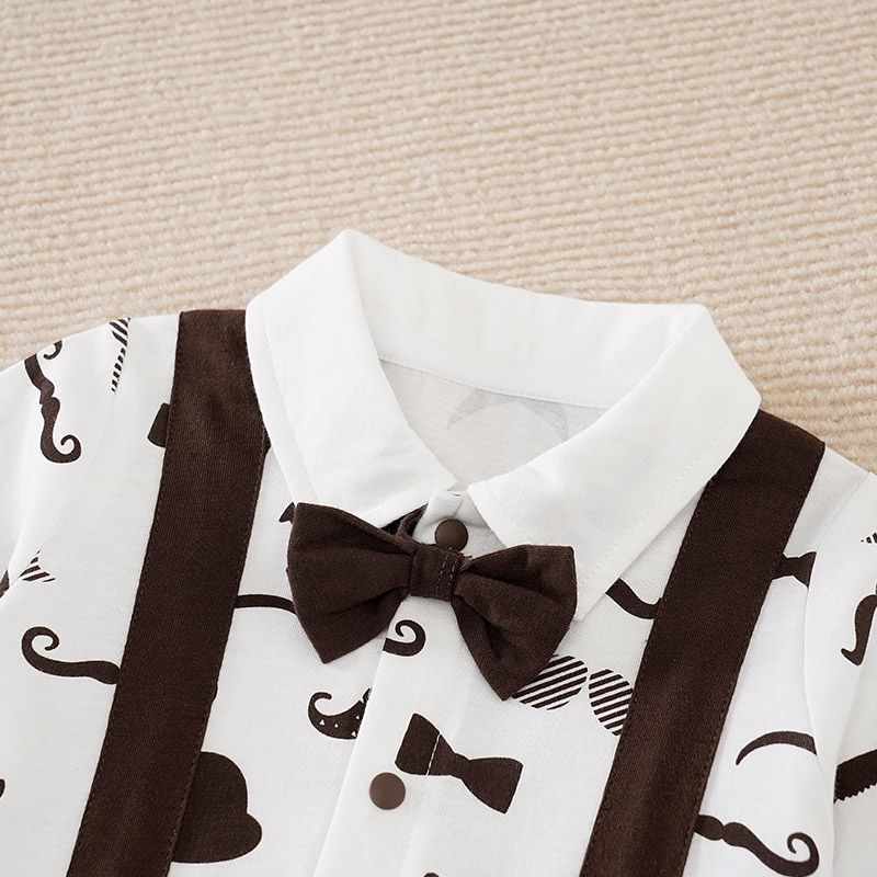 Baby Boy Partywear Moustache Pattern Bow Tie Decor Long-sleeve Overall Design Romper