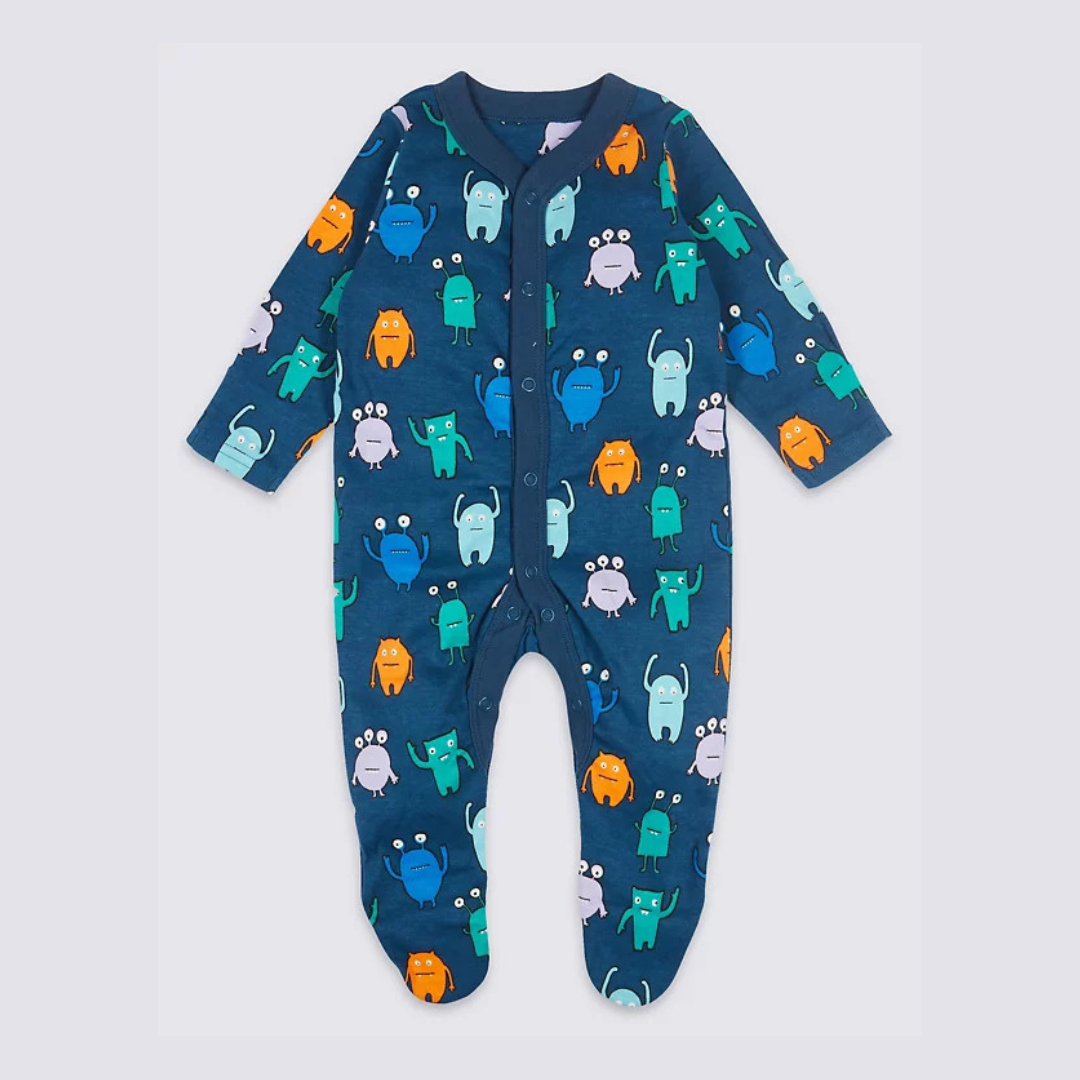 M&S Baby 3 Pack Monster Print Pure Cotton Sleepsuits