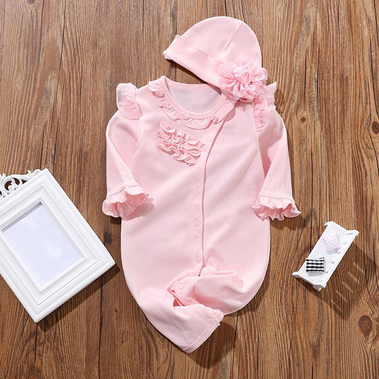 2 Piece Baby Girl Ruffled Long Sleeve Pink Romper Hat Set