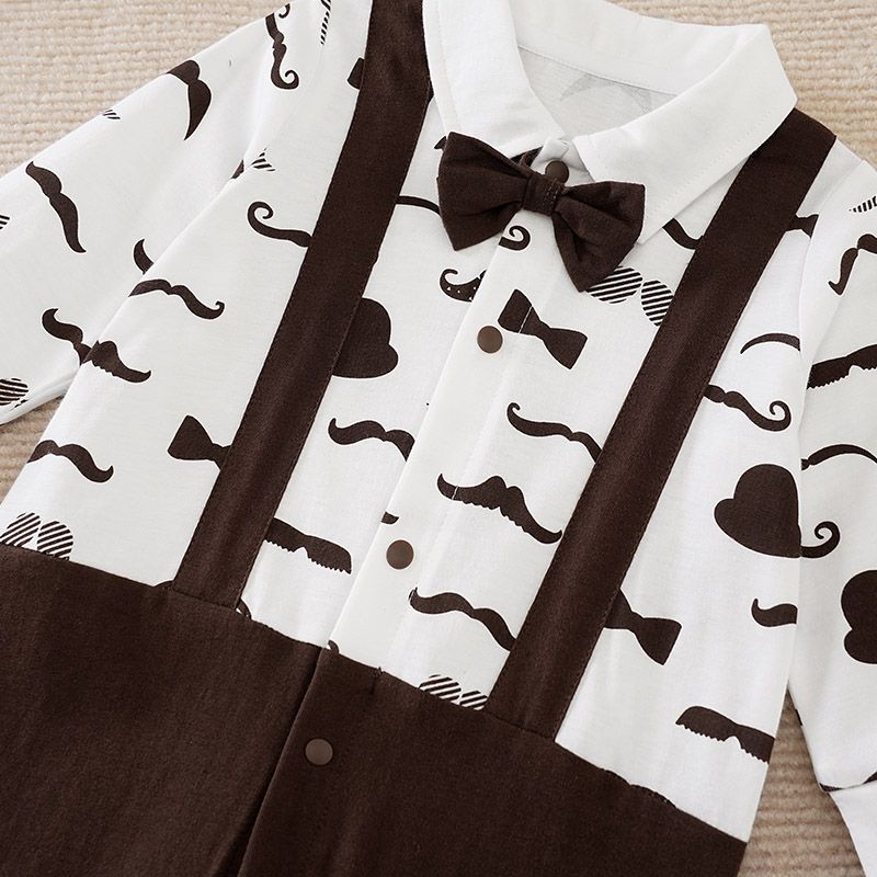 Baby Boy Partywear Moustache Pattern Bow Tie Decor Long-sleeve Overall Design Romper
