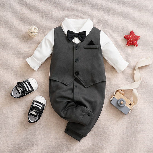 Baby Boy Gentleman Partywear Formal Long Sleeve Dark Grey Romper