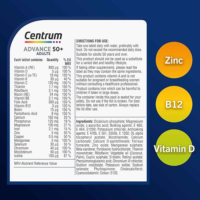 Centrum Advance 50 Plus Tablets Multivitamin & Mineral Supplements with 24 essential nutrients including vitamin 180 Tablets
