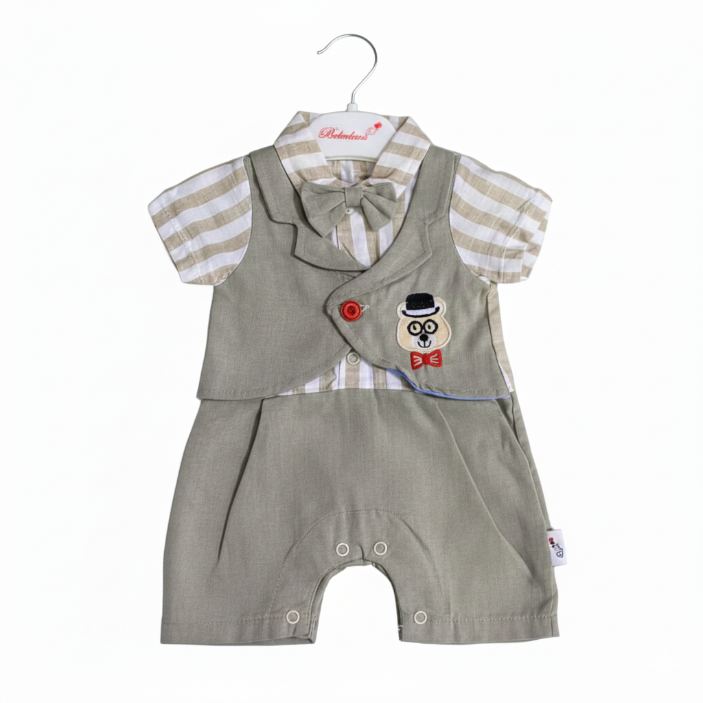 Baby Boy Birthday Party Formal 100% Cotton Grey Turkish Romper