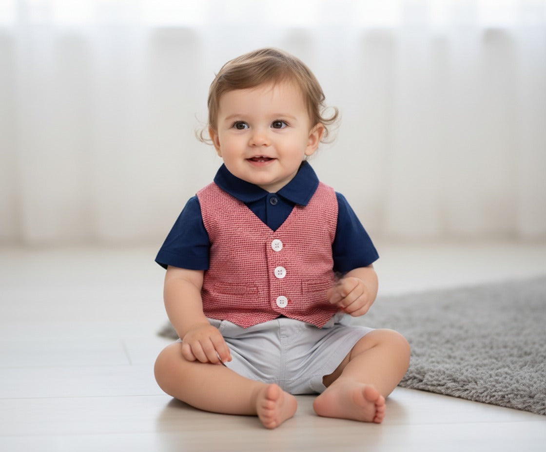 3-Piece Baby Boy Thailand Made Shirt + Shorts and Red Waist Coat Set