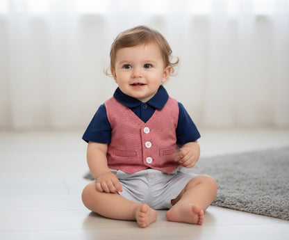 3-Piece Baby Boy Thailand Made Shirt + Shorts and Red Waist Coat Set