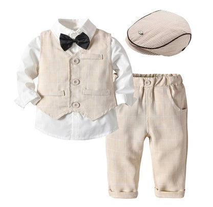 Baby Boy 5-piece Long-sleeve Lapel Collar Shirt + Hat + Bow Tie + Plaid Pant and Waistcoat
