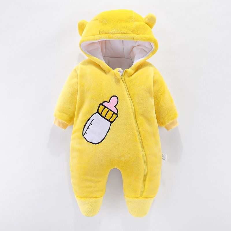Baby Boy/Girl Feeder Design Solid Yellow Winter Hooded Jumpsuit