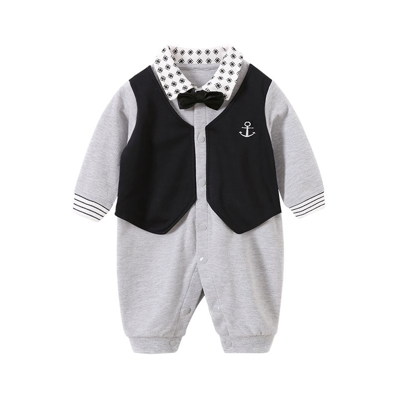 Gentleman Style Bowknot Decor Grey Long-sleeve Jumpsuit