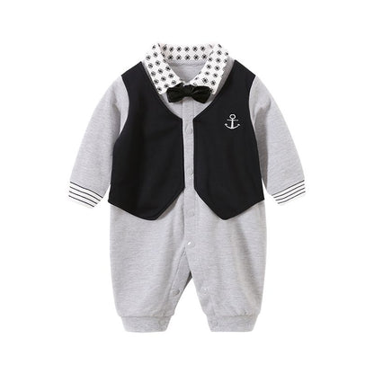 Gentleman Style Bowknot Decor Grey Long-sleeve Jumpsuit