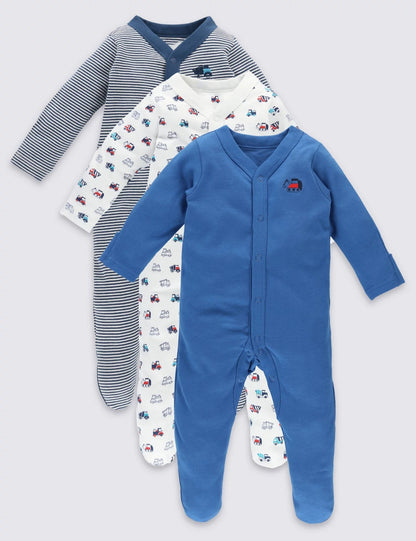 M&S Baby 3 Pack Assorted Pure Cotton Sleepsuits