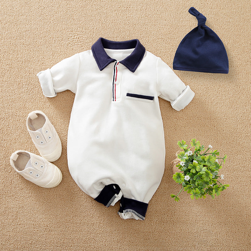 White Collar Baby Romper with Hat