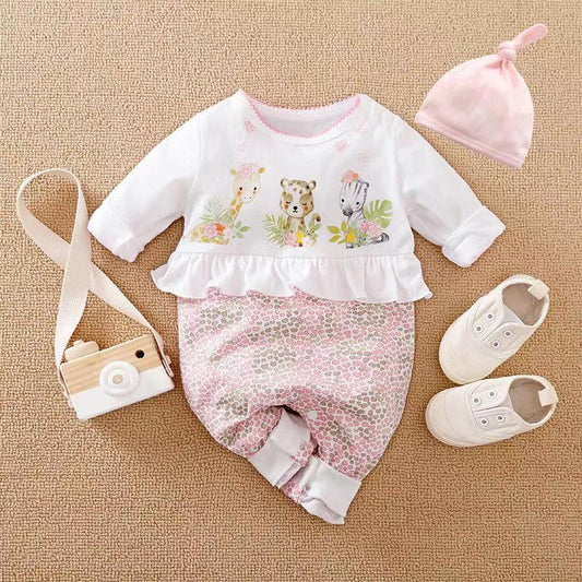 2-Piece Newborn Adorable Safari Theme Jumpsuit + Hat for Baby Girl
