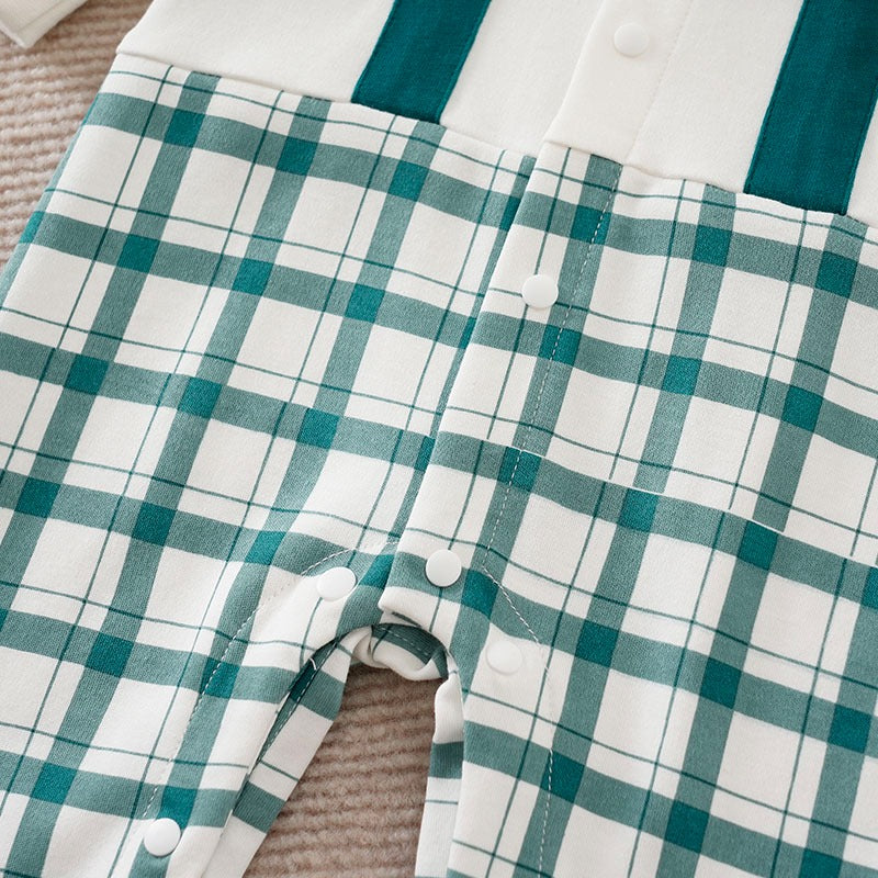 Baby Boy Partywear One Piece Collar-Tie White Green Check Design Jumpsuit