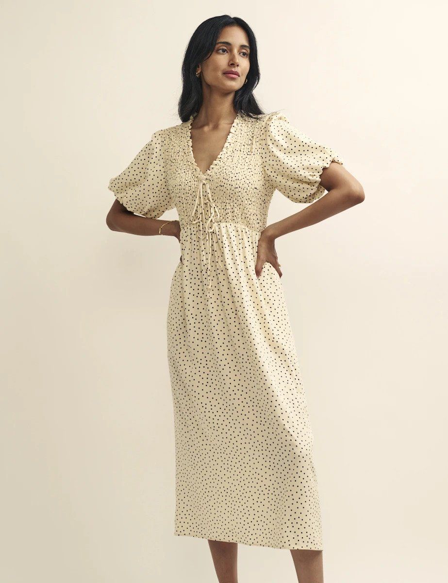 Nobody’s Child Cream Spot V Neck Shirred Bodice Leiza Midi Long Dress