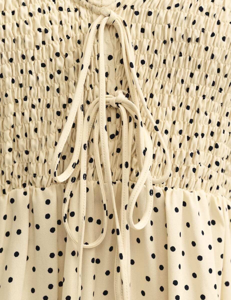 Cream Spot V Neck Shirred Bodice Leiza Midi Long Dress