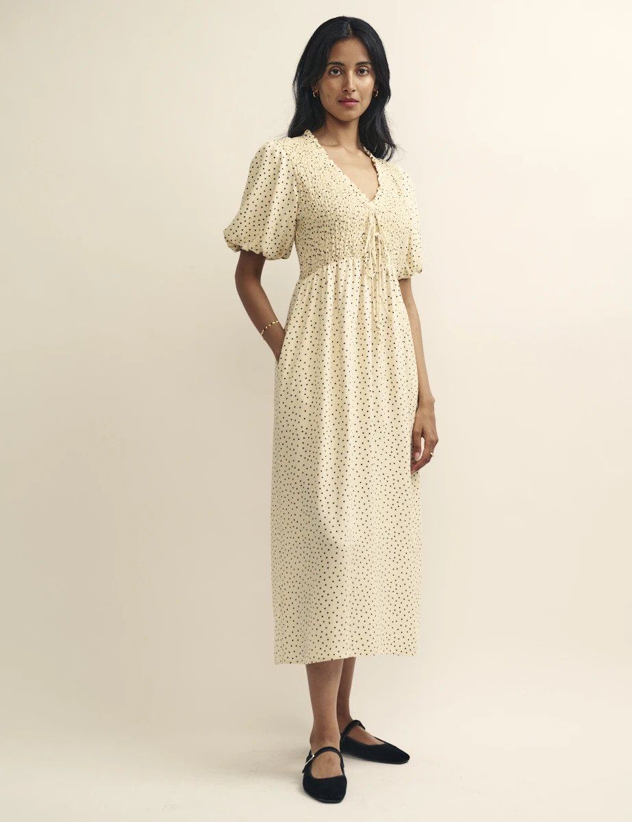 Cream Spot V Neck Shirred Bodice Leiza Midi Long Dress
