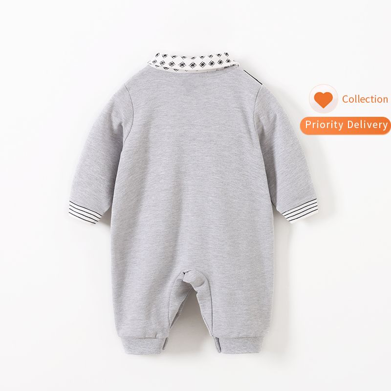 Gentleman Style Bowknot Decor Grey Long-sleeve Jumpsuit