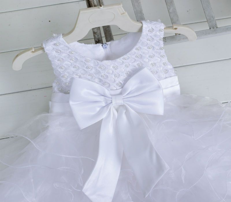 White Bowknot Sleeveless Beadings Layered Fluffy Party Dress for Baby Girl