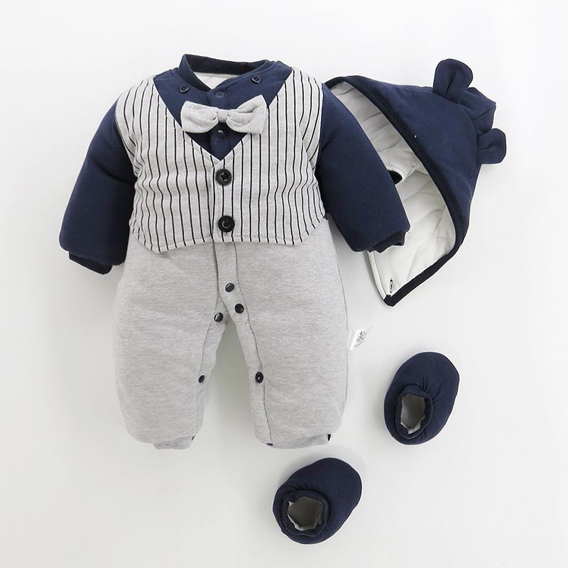 3Pcs Set of Jumpsuit + cap (removeable) + Socks pair (removeable) Baby Boy Gentleman Bow tie Striped Winter Jumpsuit for Newborn and Infant