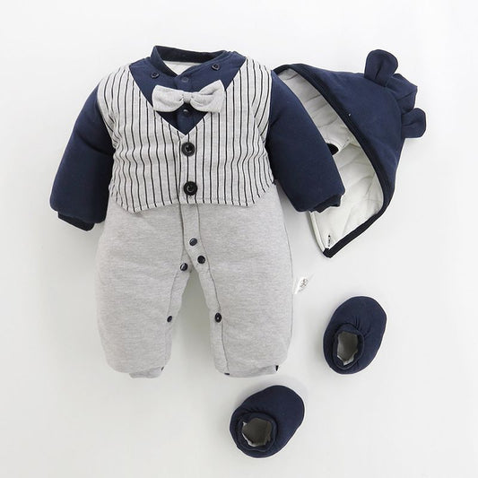 3Pcs Set of Jumpsuit + cap (removeable) + Socks pair (removeable) Baby Boy Gentleman Bow tie Striped Winter Jumpsuit for Newborn and Infant