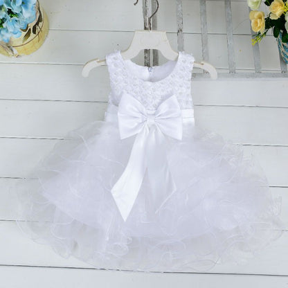 White Bowknot Sleeveless Beadings Layered Fluffy Party Dress for Baby Girl