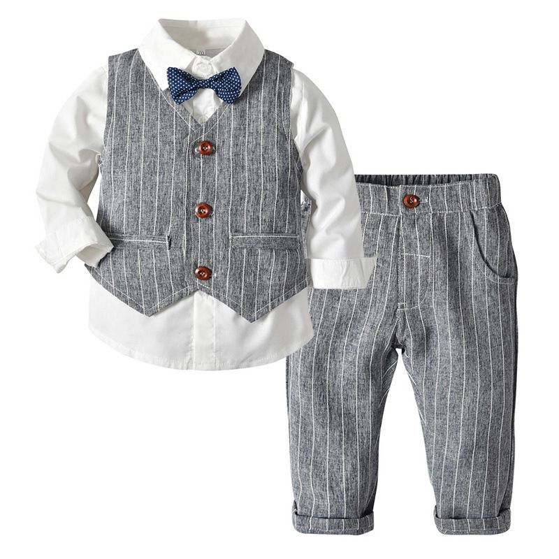 3pcs Grey Waistcoat, Pant and White Long-sleeve Baby Set