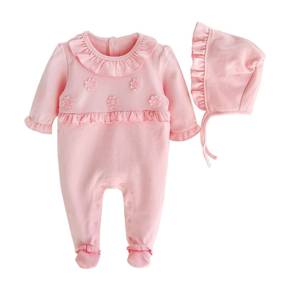 Soft Pink Floral Baby Romper Hat Set
