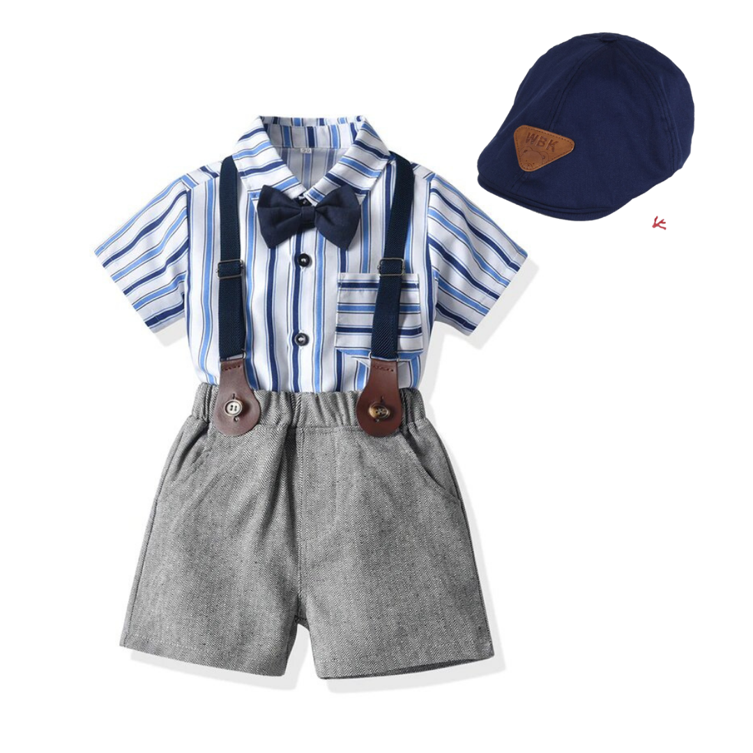 Baby Boy Gentleman Strips Design Formal Suit with Suspender + Navy Blue HAT