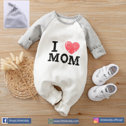 2-Piece Newborn Infant I Love MoM Letter Jumpsuit + Hat Set