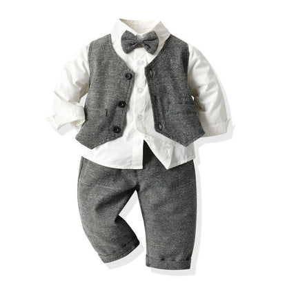 3-piece Handsome Baby Boy Solid colour Grey Suit Autumn Winter