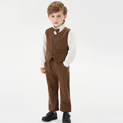 3-piece Handsome Baby Boy Solid colour Brown Suit Autumn Winter