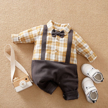 Baby Boy Lapel Collar Bow Tie Decor Faux-two Long-sleeve Baby Jumpsuit