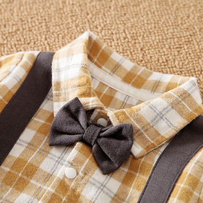 Baby Boy Lapel Collar Bow Tie Decor Faux-two Long-sleeve Baby Jumpsuit